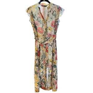 Zara Basic Collection Dress Short Ruffled Sleeves Tie Waist Buttons Pockets - Sm